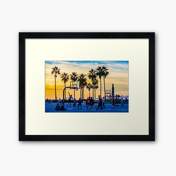 Sunset basketball on Venice Beach, California, USA. Framed Art Print