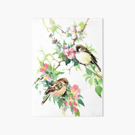Sparrows adn Apple Blossom Art Board Print
