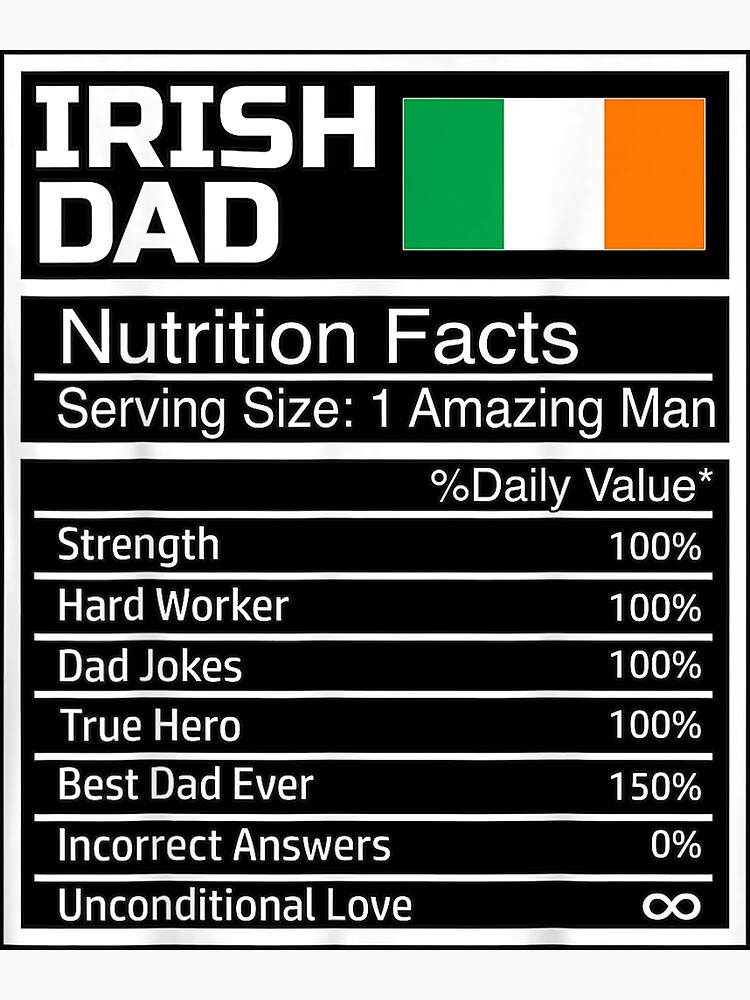 "Mens Funny Irish Dad Nutritional Facts Fathers Day Ireland Flag