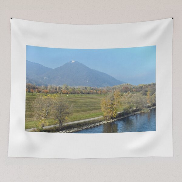 Item preview, Leopolds Church on top of the Leopoldsberg and Danube river in morning autumn season designed and sold by goceris.