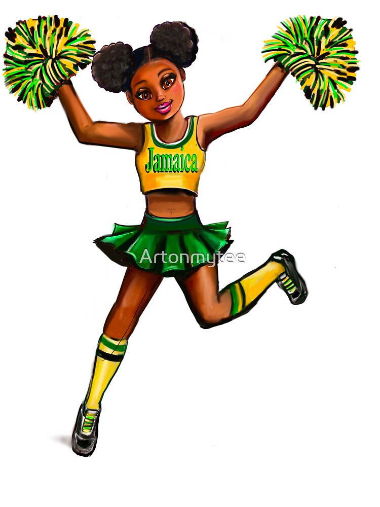 jamaican Inspirational motivational affirmation Cheer leader with Pom poms  - Cheer Squad - anime girl cheerleader with Afro hair in puffs, brown eyes  and dark brown skin side profile. Hair love !