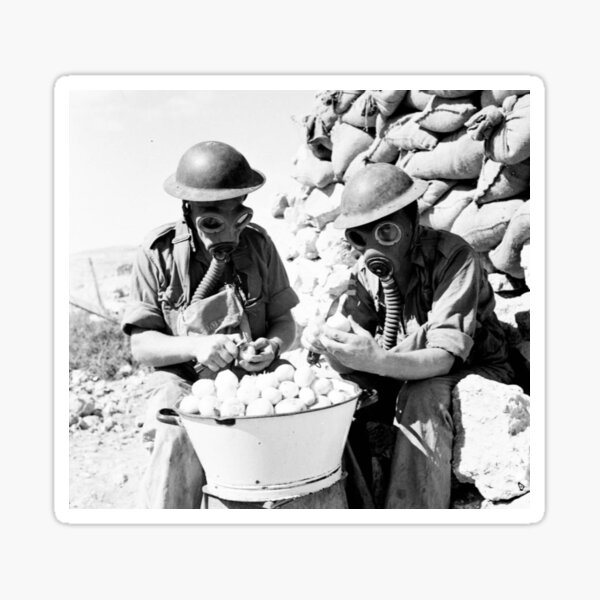 "Soldiers peeling onions with gas mask" Sticker for Sale by