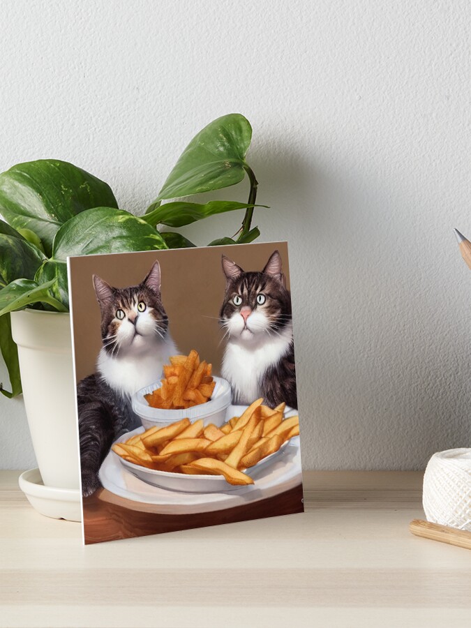 Cats Eating Fish And Chips, Fast Food Art Board Print