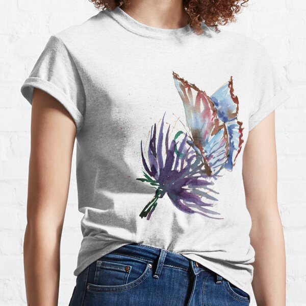 Watercolor Butterfly on Purple Thistle Flower Classic T-Shirt