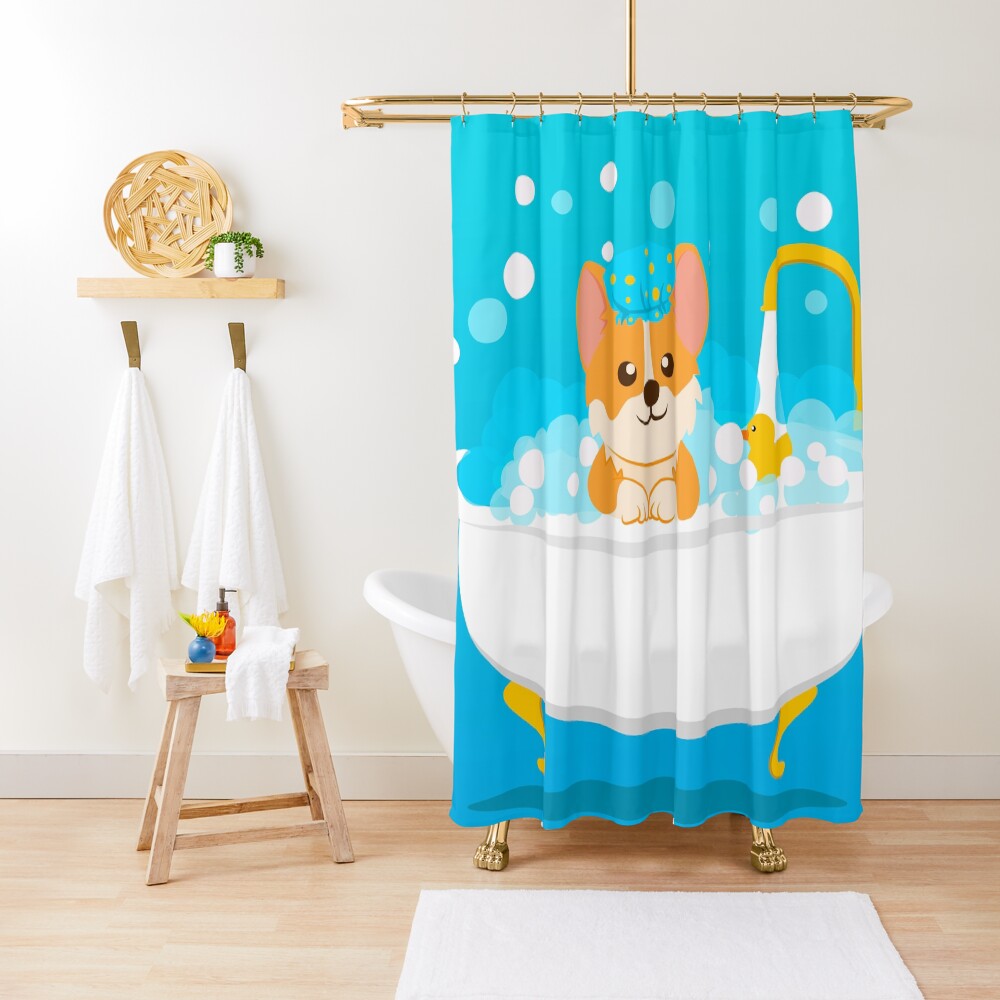 Corgi taking a bath Shower Curtain