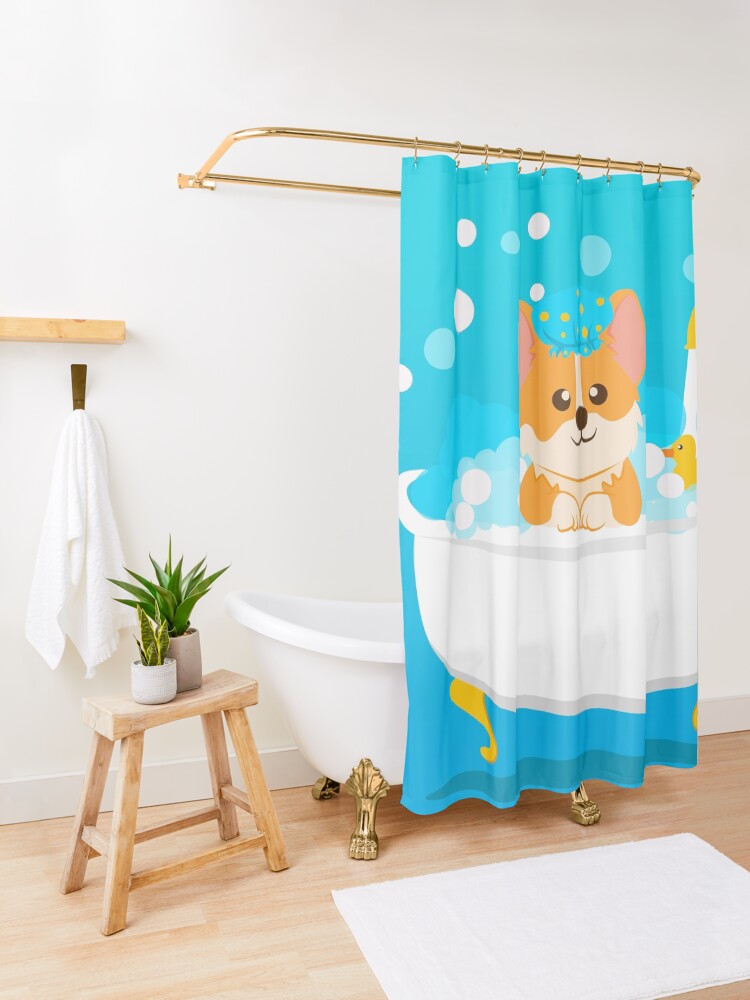 Alternate view of Corgi taking a bath Shower Curtain