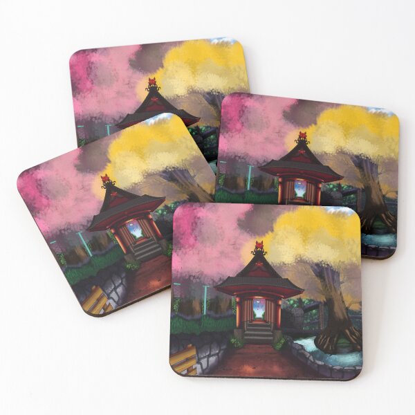 Item preview, scenery background fantasy art , beautiful japanese park by the pond with pink and light blue shades designed and sold by kitsuneins.