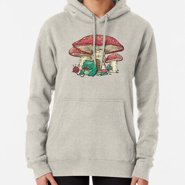 Frog sitting under a mushroom knitting, Cottage Core frog and mushroom, Cute frog and mushroom, Gift for people who knit Pullover Hoodie