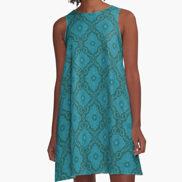 Turquoise Teal Flowers Floral Bohemian Arabesque Pattern A-Line Dress
