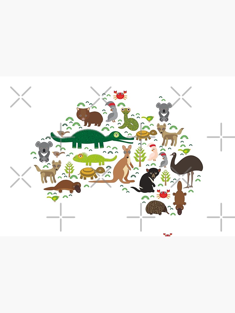 Australian animal map Echidna Platypus ostrich Emu Tasmanian devil Cockatoo parrot Wombat snake turtle crocodile kangaroo dingo octopus fish by EkaterinaP