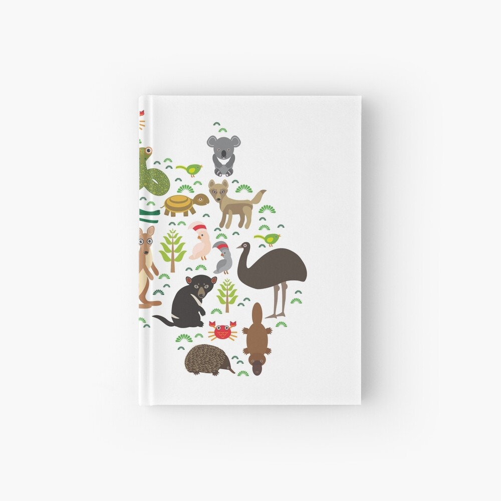 Australian animal map Echidna Platypus ostrich Emu Tasmanian devil Cockatoo parrot Wombat snake turtle crocodile kangaroo dingo octopus fish Hardcover Journal