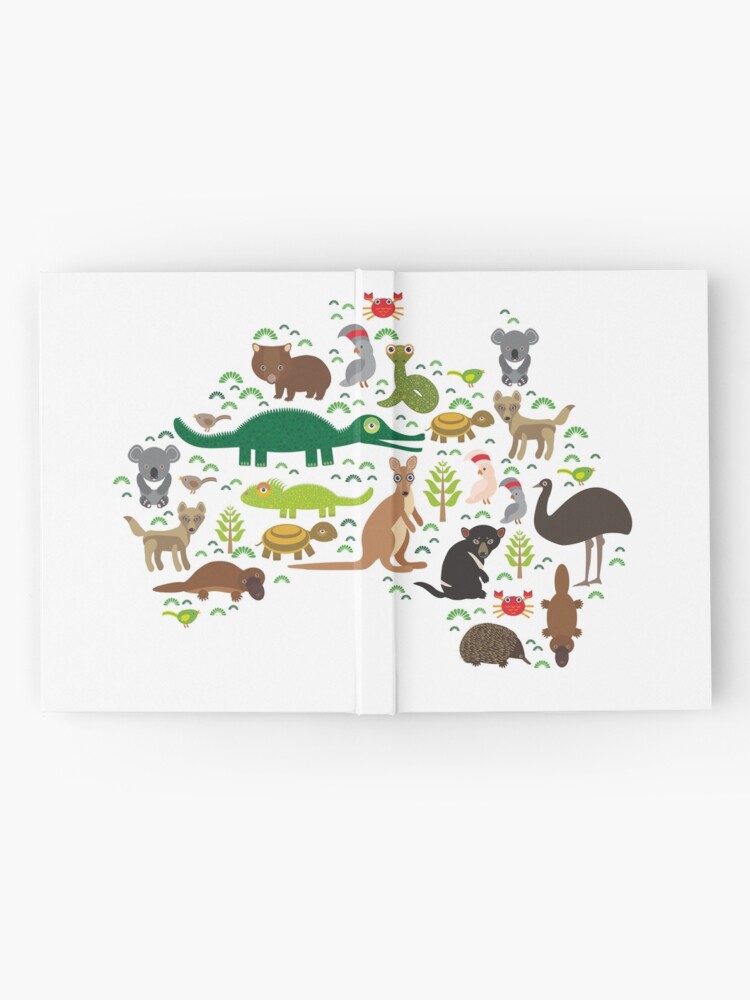 Alternate view of Australian animal map Echidna Platypus ostrich Emu Tasmanian devil Cockatoo parrot Wombat snake turtle crocodile kangaroo dingo octopus fish Hardcover Journal