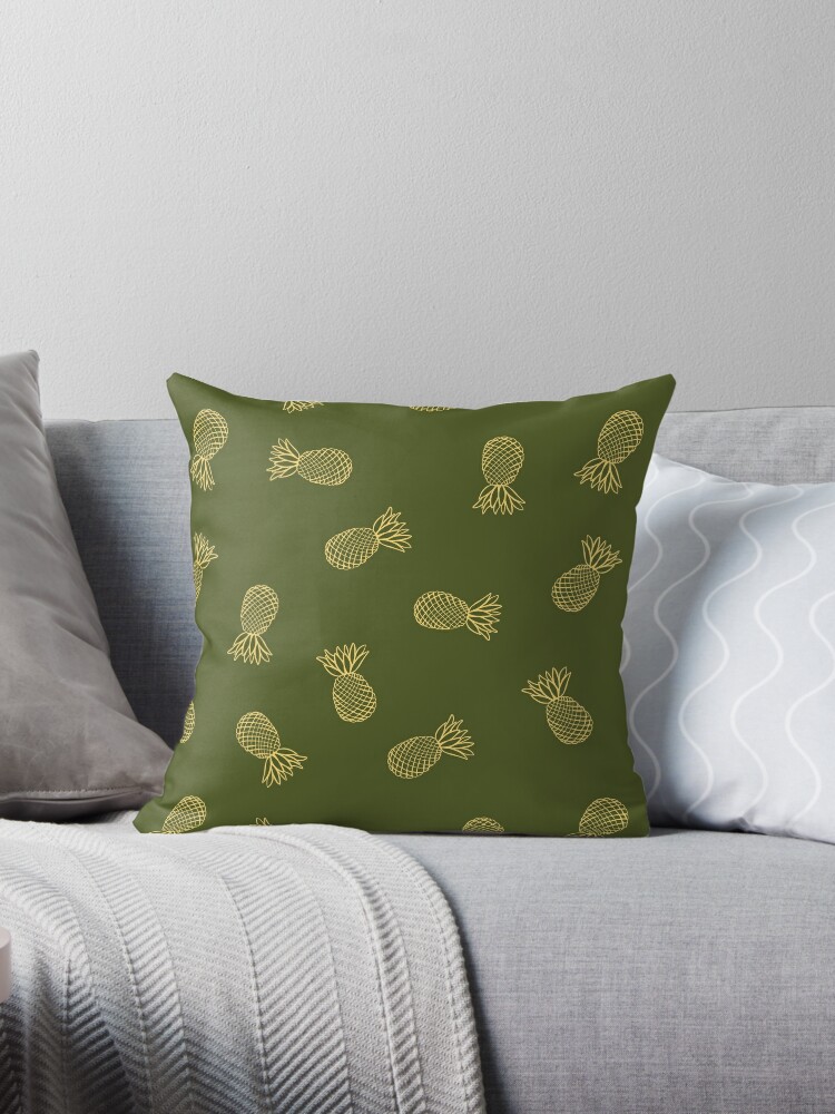 Throw Pillow, Yellow Pineapple Ink on Olive Green Pattern designed and sold by DeafAngel1080