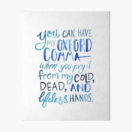 Oxford Comma Grammar Joke Blue Watercolour Typography Art Board Print