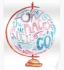 Oh, die Orte, die du gehen wirst - Typografie Vintage Globe in Pink Blue Grey Poster