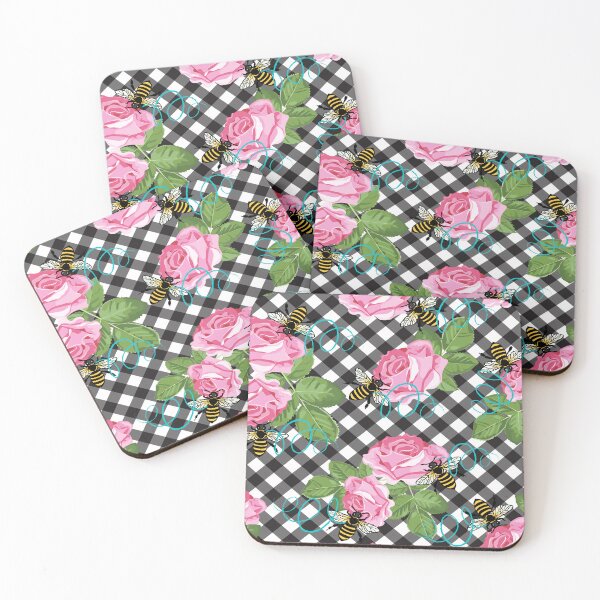 Item preview, Whimsical Gingham Check Pink Floral Roses and Bumblebees designed and sold by Trimzz.