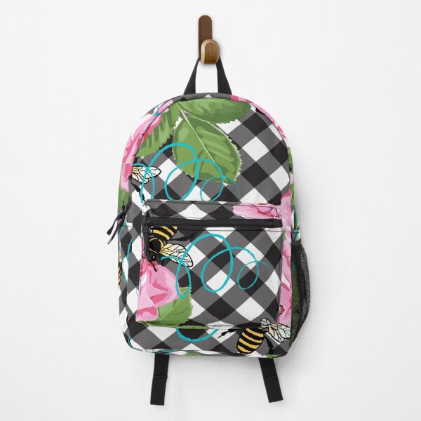 Item preview, Whimsical Gingham Check Pink Floral Roses and Bumblebees designed and sold by Trimzz.