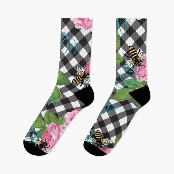 Item preview, Whimsical Gingham Check Pink Floral Rosas y abejorros designed and sold by Trimzz.