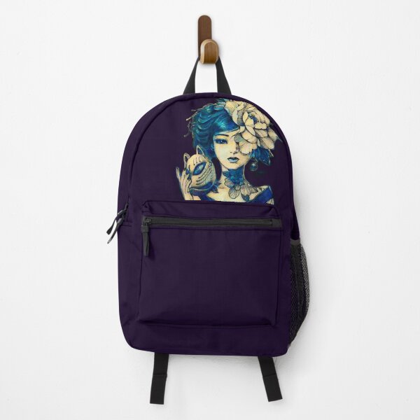 Item preview, Tattooed geisha with cat and oversized peony illustration remix in blue designed and sold by Corinne Alexa Jackson.