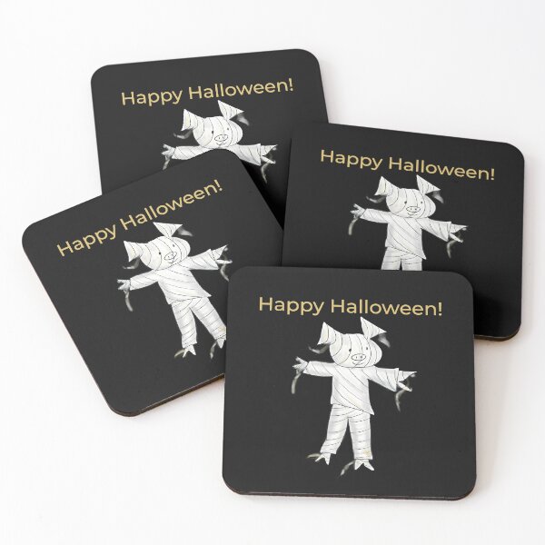 Item preview, Black Happy Halloween mummy.  Cute pig in fancy dress, black and gold. Halloween designed and sold by PiggingJapan.