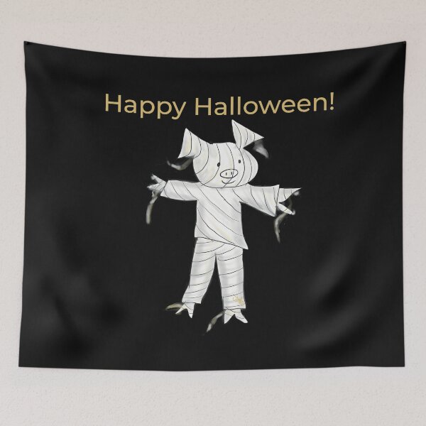 Item preview, Black Happy Halloween mummy.  Cute pig in fancy dress, black and gold. Halloween designed and sold by PiggingJapan.