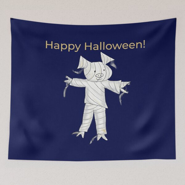 Item preview, Blue Happy Halloween mummy.  Cute pig in fancy dress, deep blue and gold. Halloween designed and sold by PiggingJapan.