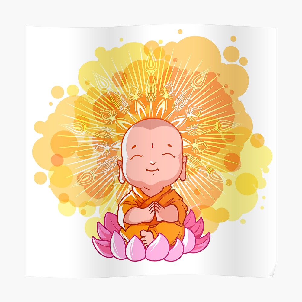 Little meditating monk on the lotus. Sunny day. Cartoon Buddha Little meditating monk on the lotus. Sunny day. Cartoon Buddha