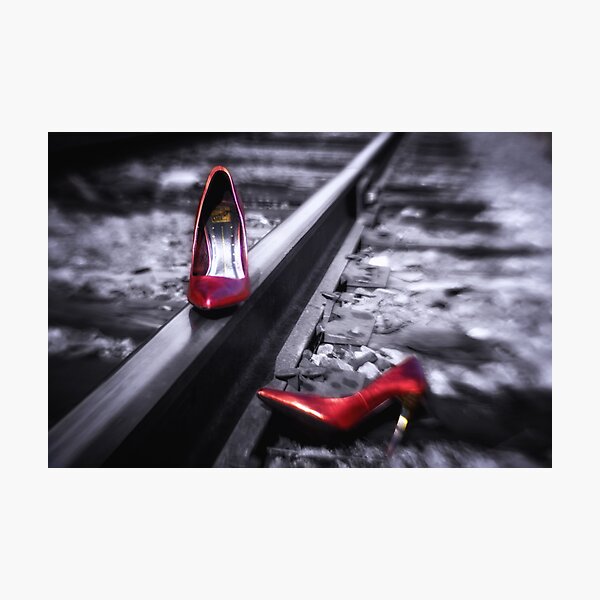 "Kick Off Your Shoes Red high heel shoes on railroad tracks