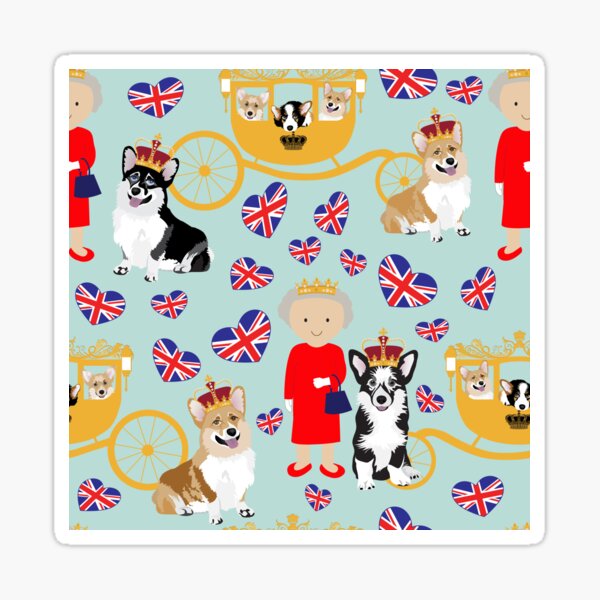 her highness queen elizabeth of the British Empire with the royal corgis - god save the queen - corgi pattern - queen elizabeth pattern turquoise Sticker