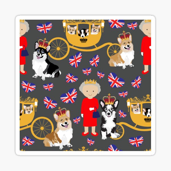  her highness queen elizabeth of the British Empire with the royal corgis - god save the queen - corgi pattern - queen elizabeth pattern dark grey Sticker