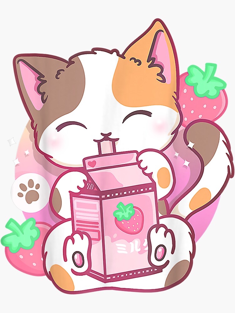 Cute Cat Kawaii With Milk Illustration Sticker