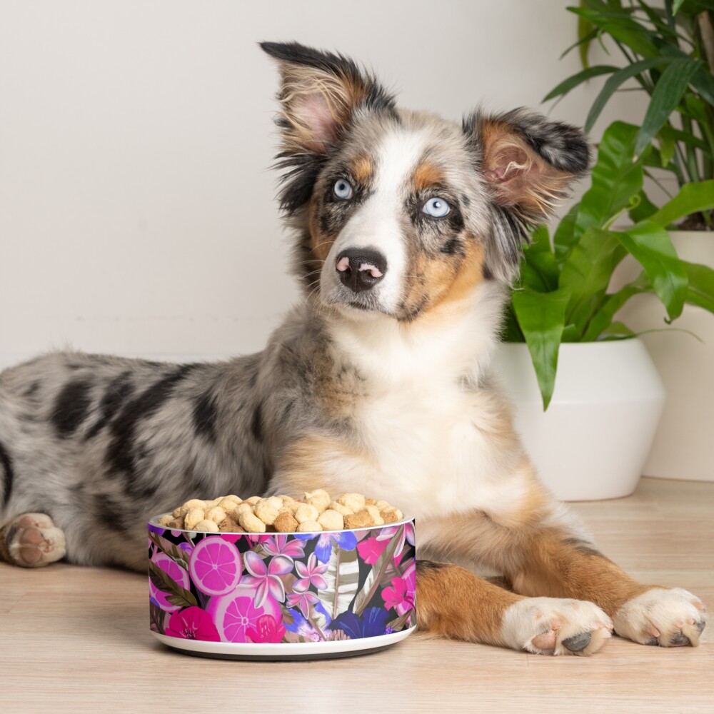 Flowers and Fruits Blue Pet Bowl