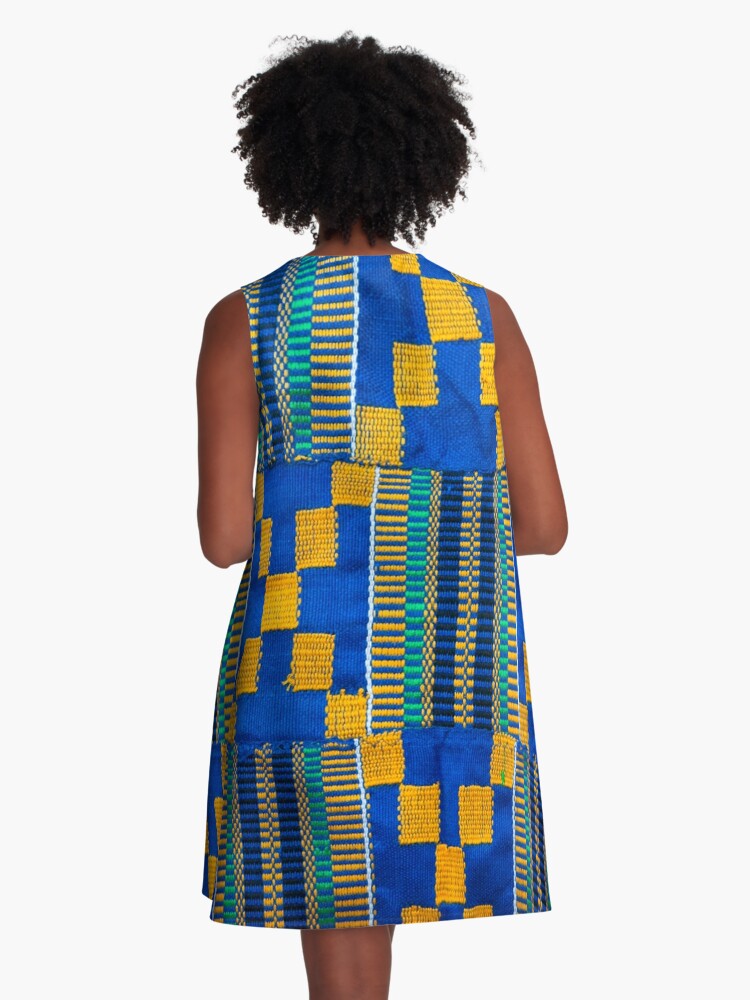 Kente Cloth Blue And Yellow A-Line Dress for Sale by