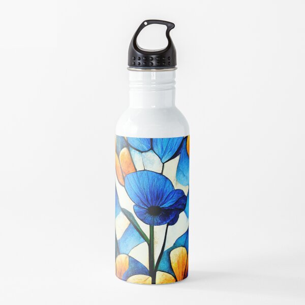 Beautiful blue flowers, stained glass, bouquet, tulips, roses in stained glass style Water Bottle