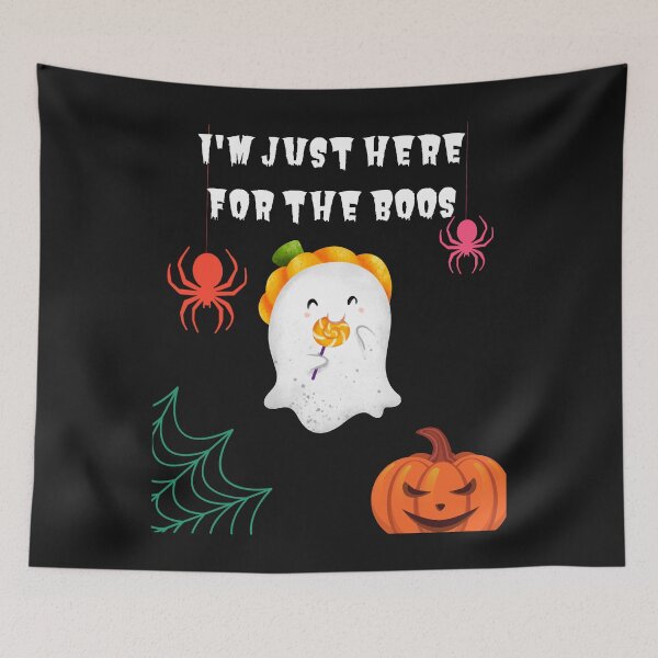 Item preview, I'm Just Here For The Boos - Cute Flying Ghost with a pumpkin hat, a lollipop, Spiders Evil Pumpkin Cobweb designed and sold by Mechanical-Artt.