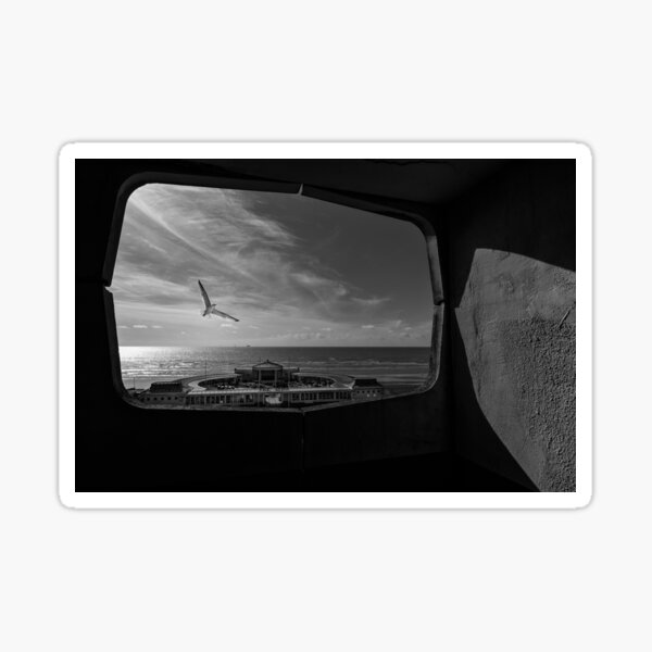 Black and white view overlooking Worthing Seafront. Sticker