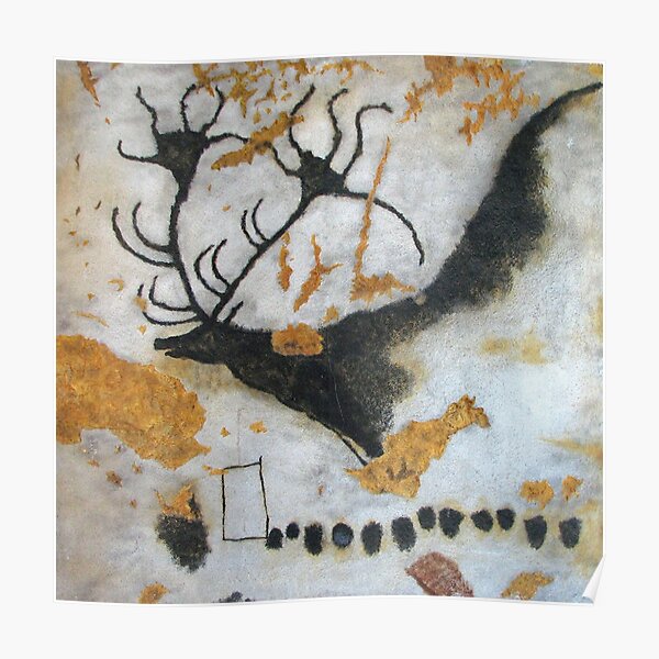 Cave. Stag. Lascaux Cave. Cave at Lascaux. Megaloceros, with line of dots. Poster
