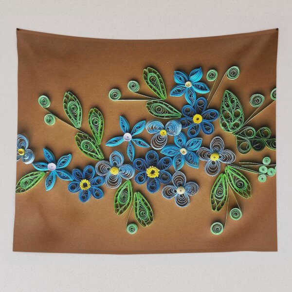 Item preview, Vivid blue quilled flowers on gradient brown background (THIS IS A PRINT) designed and sold by folkyouall.