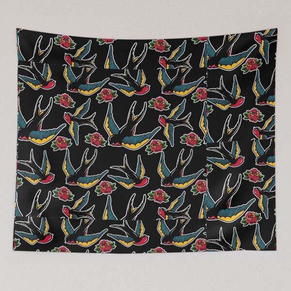 Item preview, Old School Tattoo Pattern, American Traditional, Black, Roses, Love, Bird, Vintage, Retro, designed and sold by babivilelashop.