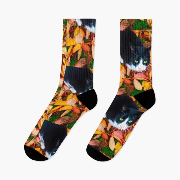 Item preview, Autumn black and white cat in the leaves  designed and sold by GingerCatCo.