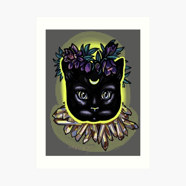 Crystal moon cat with hellebore. Art Print
