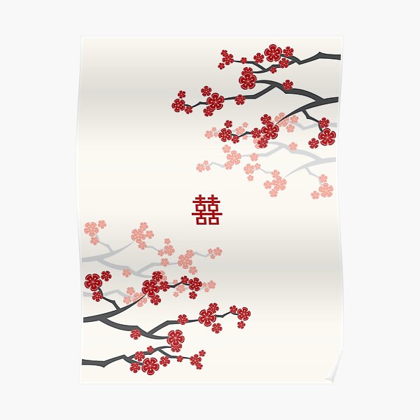 Flores de cerezo orientales rojas sobre marfil y boda china Doble felicidad | Sakura japonesa | © fatfatin Póster