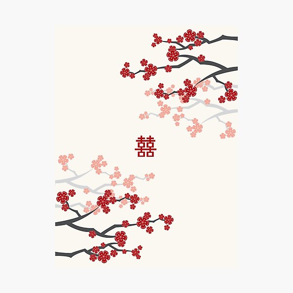 Flores de cerezo orientales rojas sobre marfil y boda china Doble felicidad | Sakura japonesa Lámina fotográfica