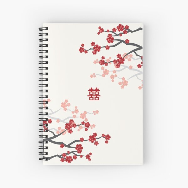Aperçu de l'œuvre Fleurs de cerisier rouges orientales sur ivoire et double bonheur de mariage chinois | Sakura japonais © fatfatin créée et vendue par fatfatin.