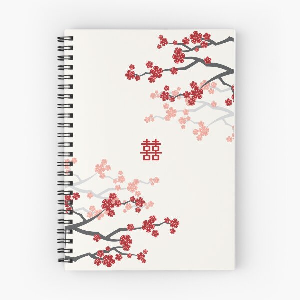 Item preview, Red Oriental Cherry Blossoms on Ivory and Chinese Wedding Double Happiness | Japanese Sakura © fatfatin   designed and sold by fatfatin.