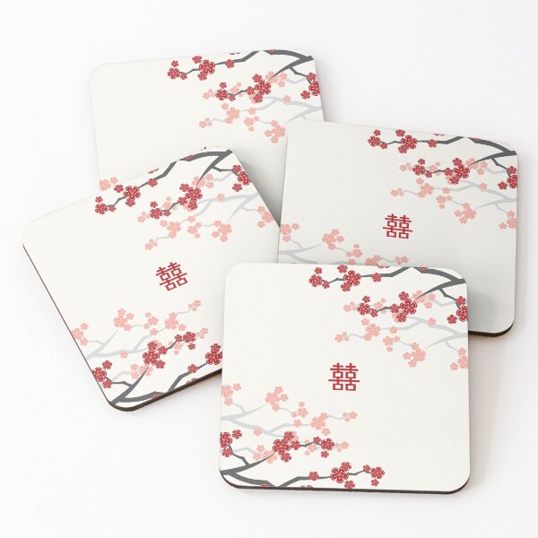 Item preview, Red Oriental Cherry Blossoms on Ivory and Chinese Wedding Double Happiness | Japanese Sakura © fatfatin   designed and sold by fatfatin.