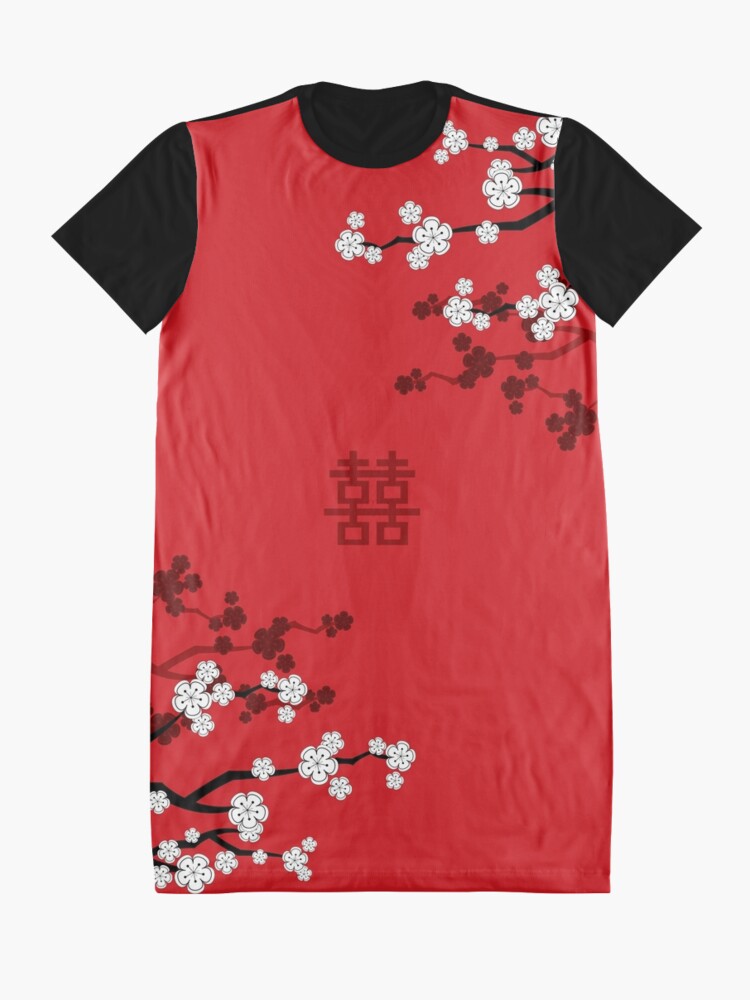 Alternate view of White Oriental Cherry Blossoms on Red and Chinese Wedding Double Happiness | Japanese Sakura © fatfatin Graphic T-Shirt Dress