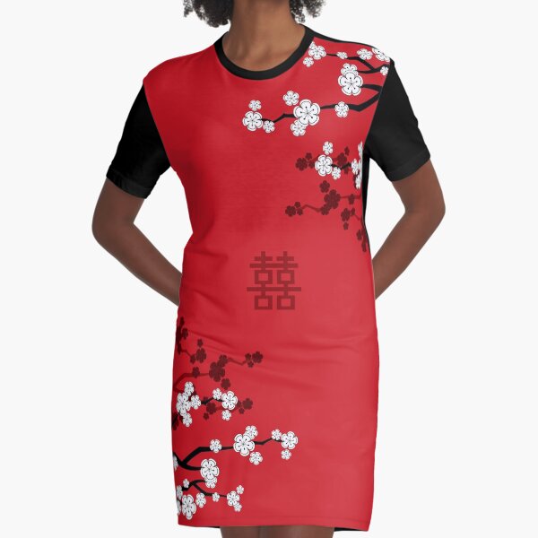 Flores de cerezo orientales blancas en la boda roja y china doble felicidad | Sakura japonesa © fatfatin Vestido camiseta
