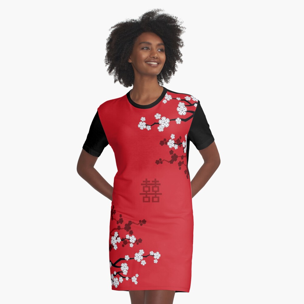 White Oriental Cherry Blossoms on Red and Chinese Wedding Double Happiness | Japanese Sakura © fatfatin Graphic T-Shirt Dress