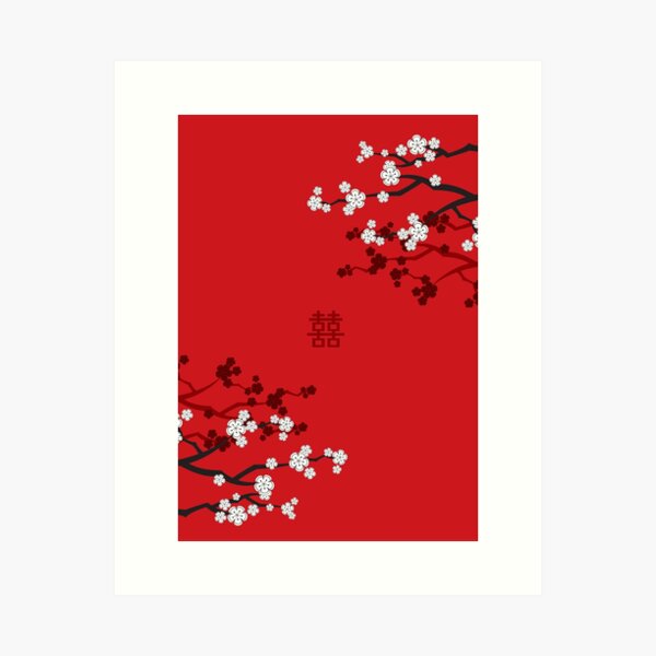 White Oriental Cherry Blossoms on Red and Chinese Wedding Double Happiness | Japanese Sakura © fatfatin  Art Print